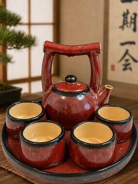 7 Pc PIER ONE Shanghai Earthenware Tea Set | Rustic Red w Black Trim, Distressed